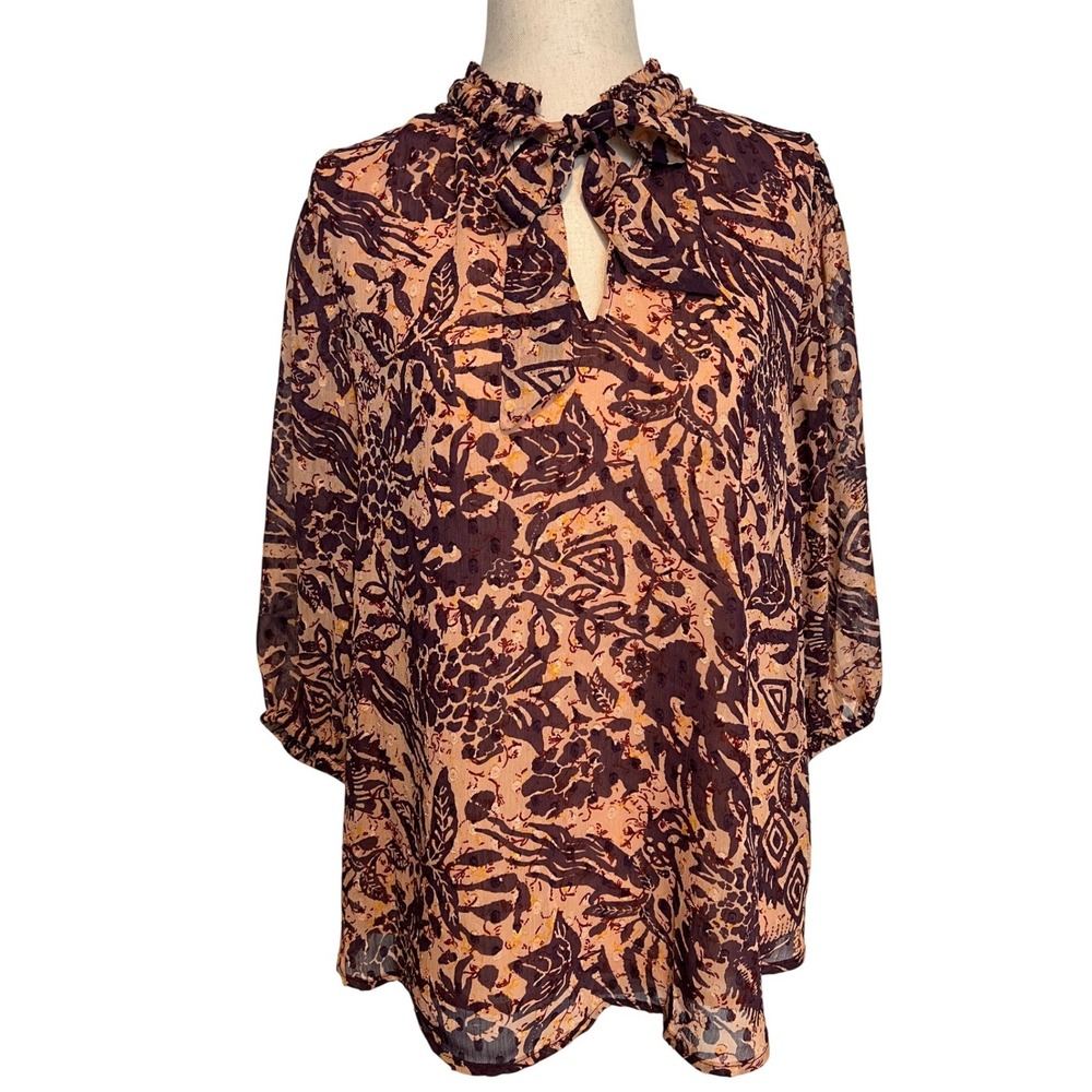 Joie Women Medium Peach Purple Abstract Floral Tie Neck Top Boho Romantic Office